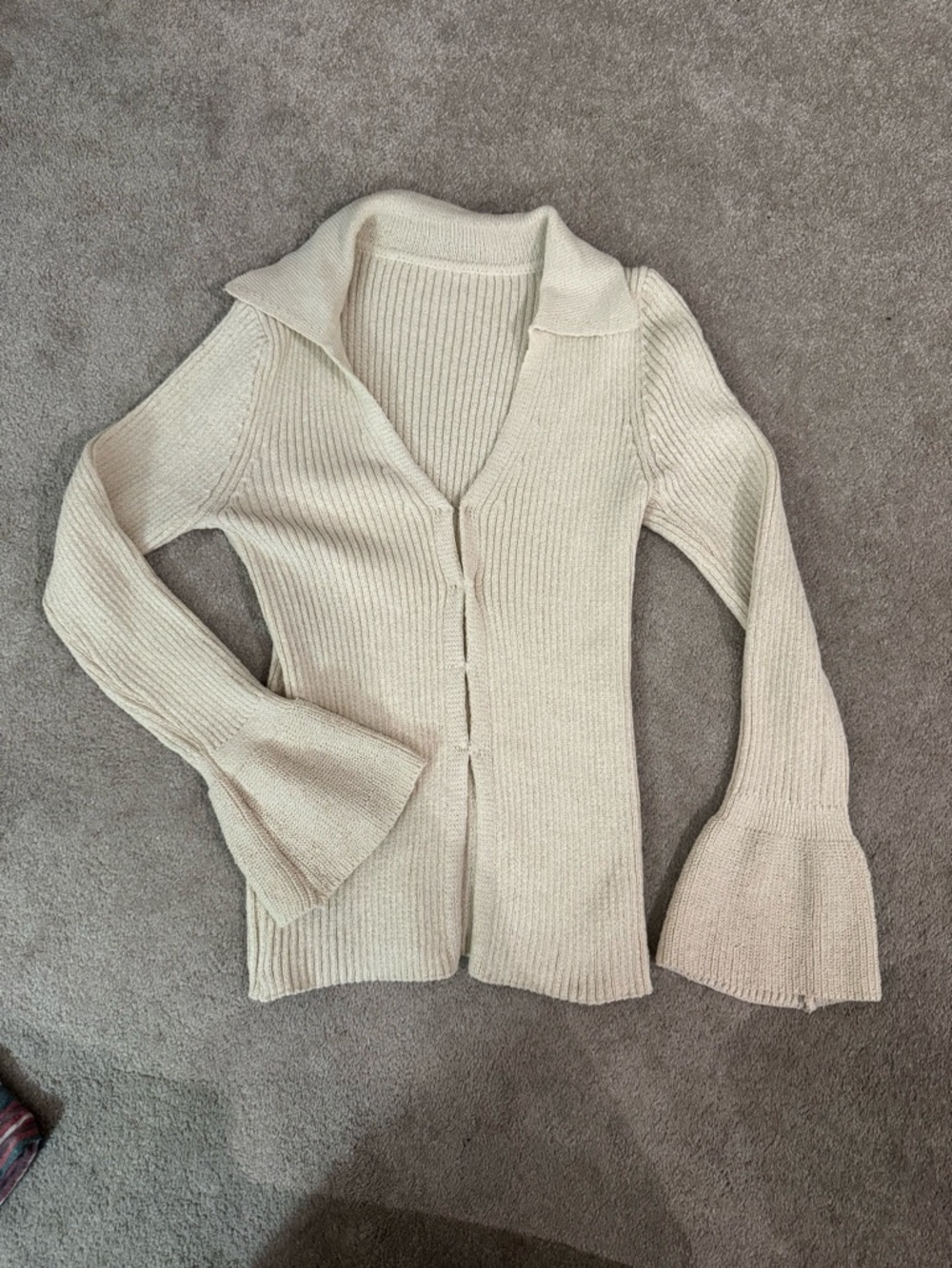SHEIN Cream Ribbed V-Neck Button Front Sweater with Flared Cuffs